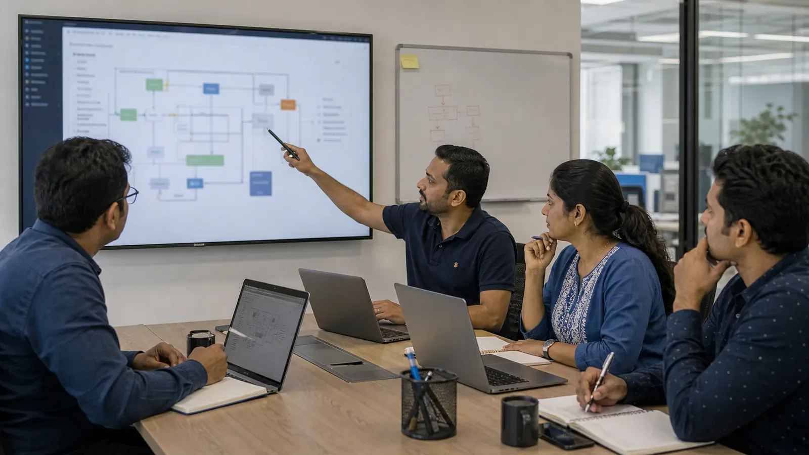 Four engineers review a system architecture diagram on a wall screen in a meeting room