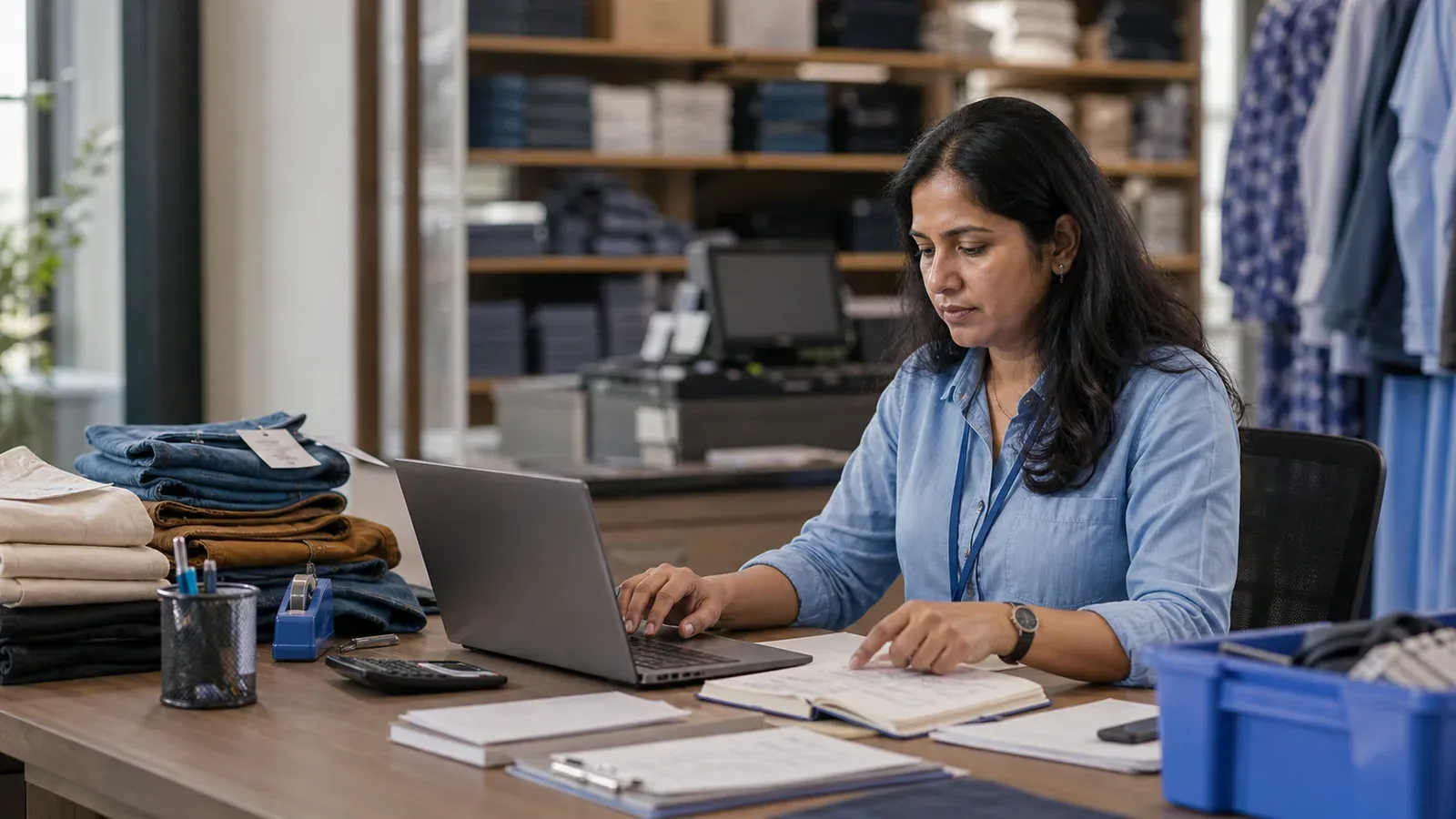 A retail planner reviews inventory notes and a laptop in a clothing stockroom