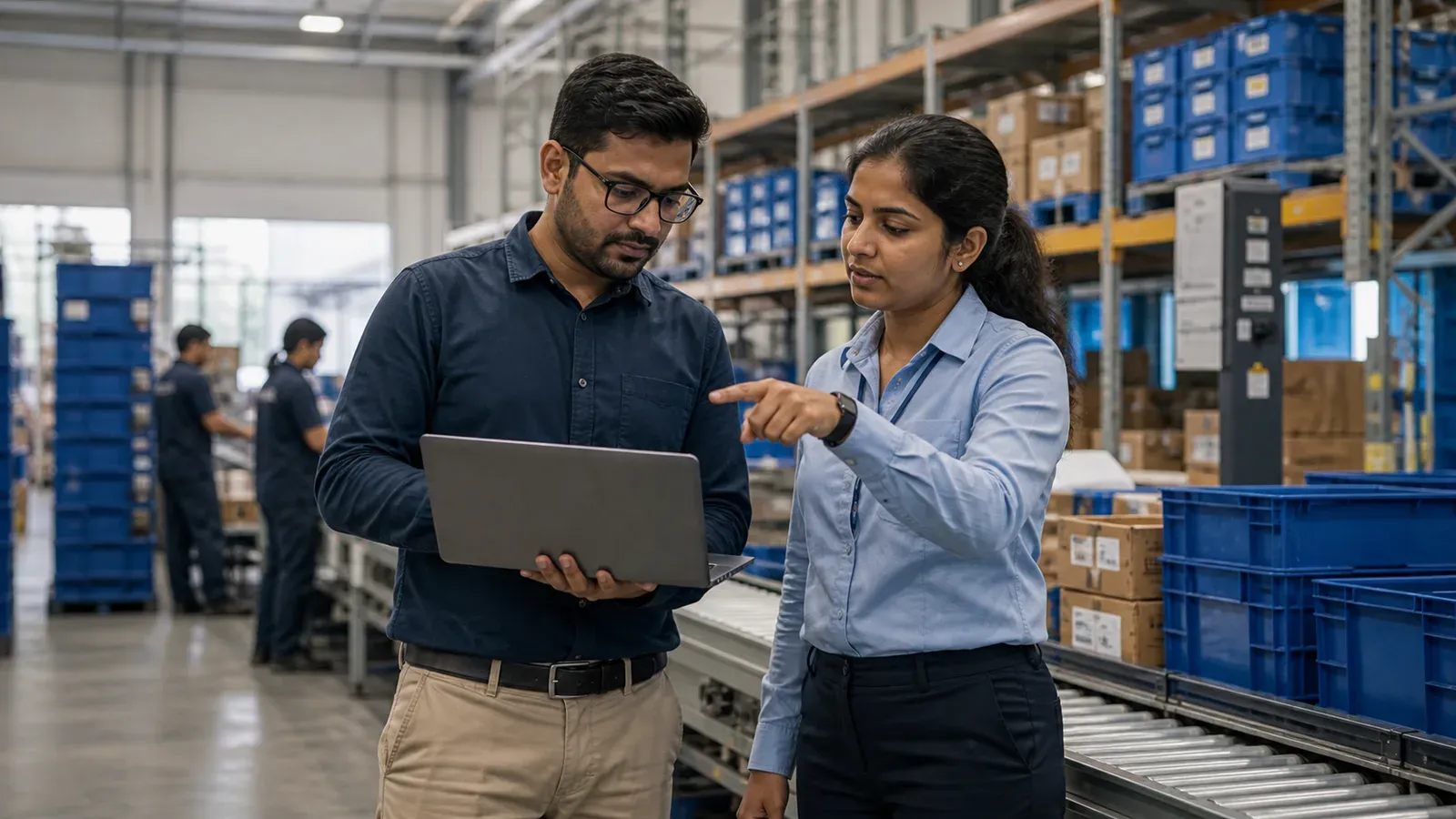 An engineer and an operations lead review a workflow on a laptop beside a warehouse conveyor